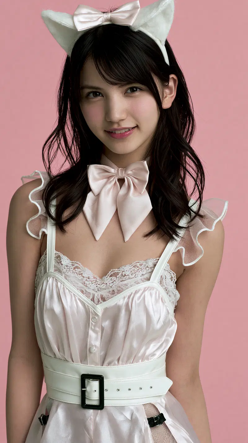 A Smiling Middle School Idol in a Cat Ear Outfit Against Pink Studio