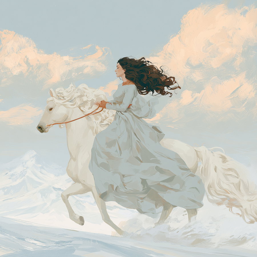 A girl in a flowing white dress riding a white horse across a snowy landscape with mountains and soft clouds in the background.