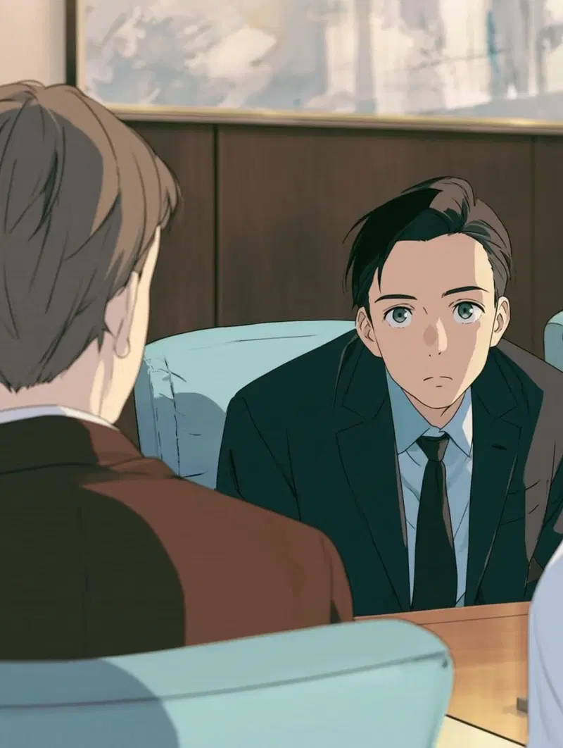 Anime Style Meeting Scene with Suit-Clad Characters