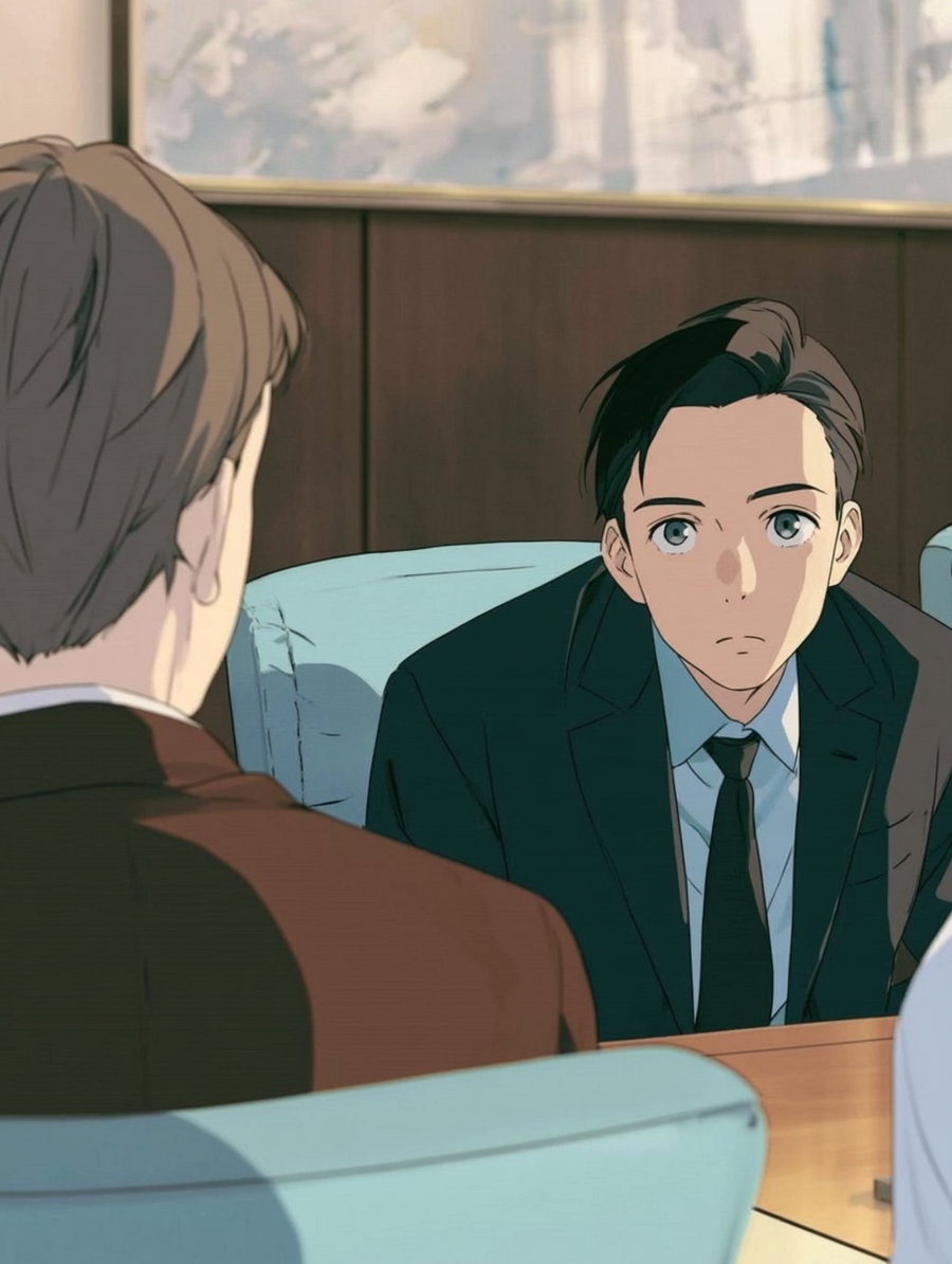 A scene depicting two men in suits seated at a conference table in a luxurious room, one facing forward with an attentive expression, the other viewed from the side.