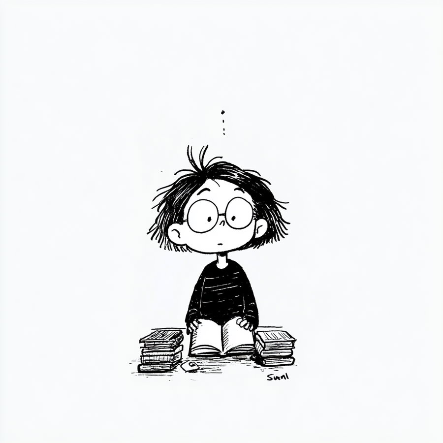 A cute chibi-style boy with glasses sitting at a desk, reading a book. He has messy hair and a surprised expression, with stacks of books on either side.