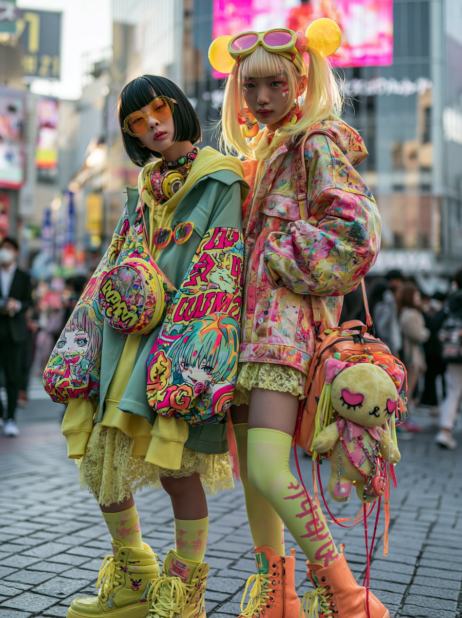 Two young women wearing vibrant, colorful fashion with oversized jackets, accessories, and playful hairstyles in an urban street setting.