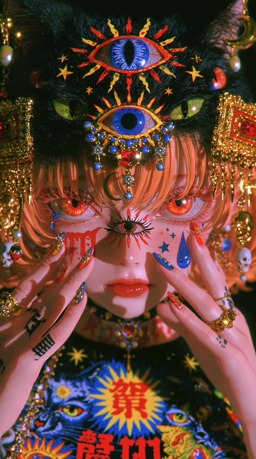 A close-up of a character adorned with colorful accessories, featuring eye motifs, vibrant hair, and intricate patterns on the attire, set against a mysterious, dark background.