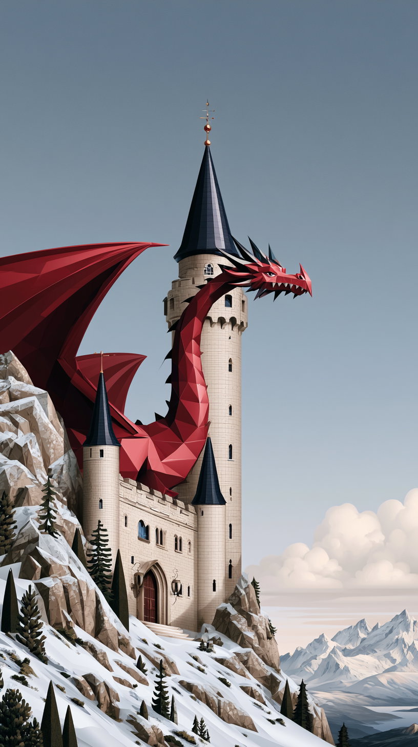 A colorful geometric illustration of a red dragon perched on a castle tower, surrounded by mountains and a clear sky.