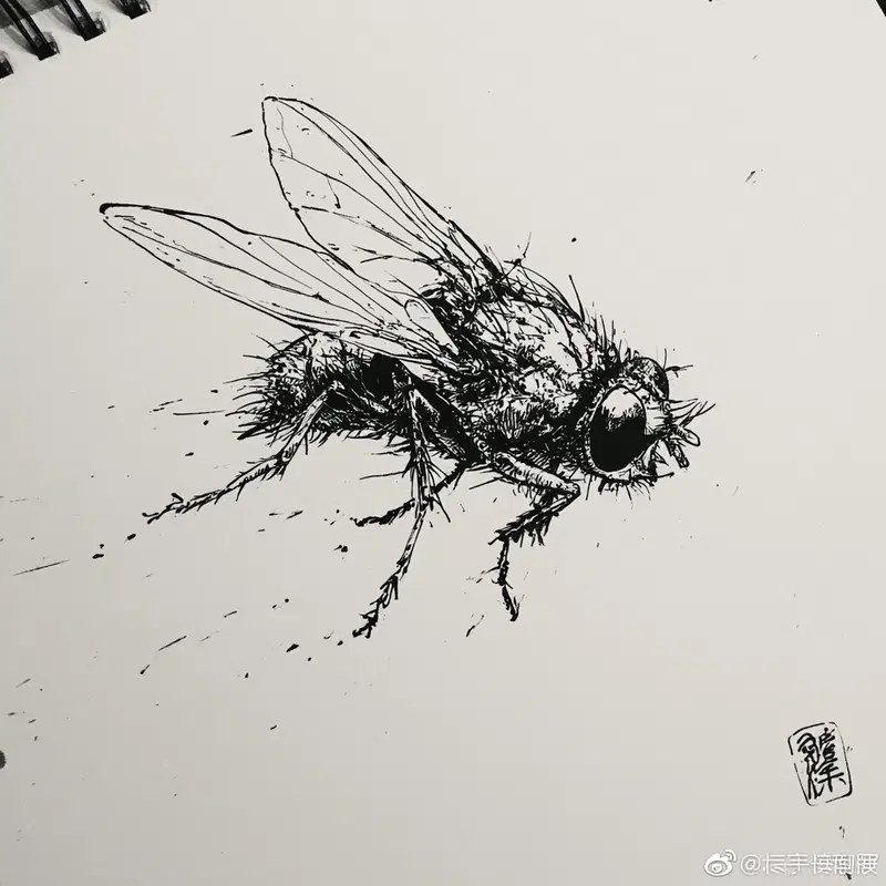 Black and White Illustration of a Fly on Plain Background