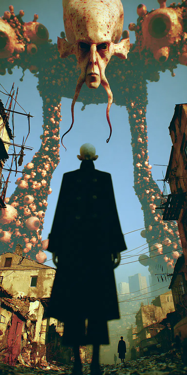 Futuristic Scene with Giant Creature Overlooking Derelict City
