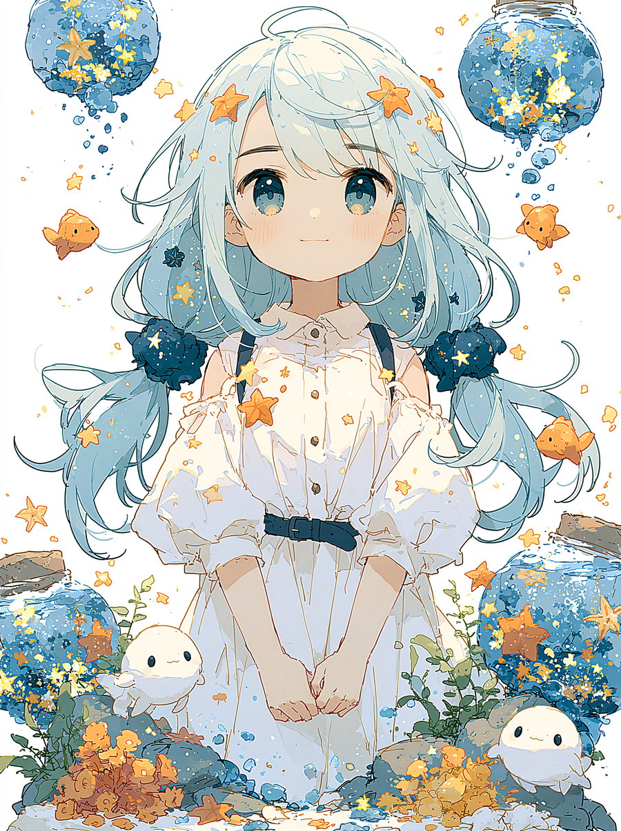 A girl with long light blue hair standing in an aquarium setting surrounded by goldfish and starry elements on a white background.