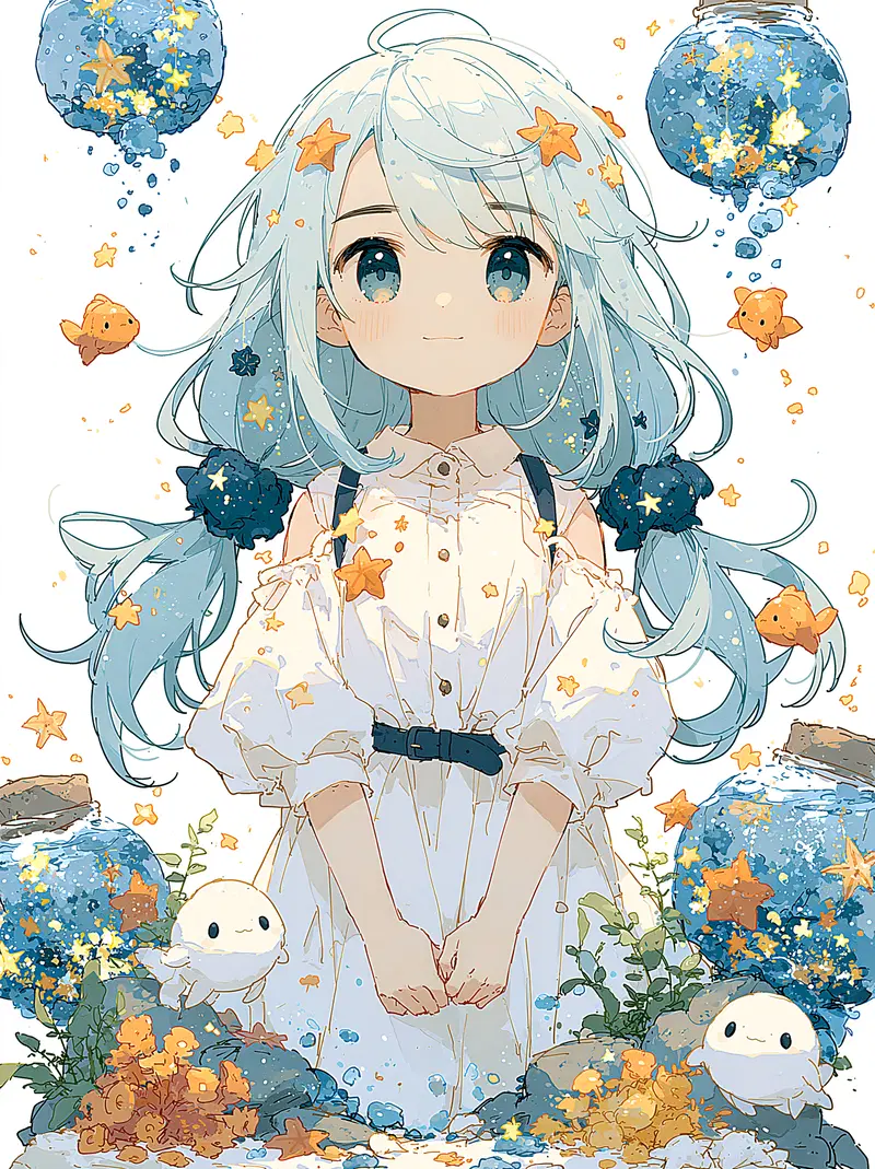 Dreamy Aquarium Scene with Sparkling Stars and a Girl