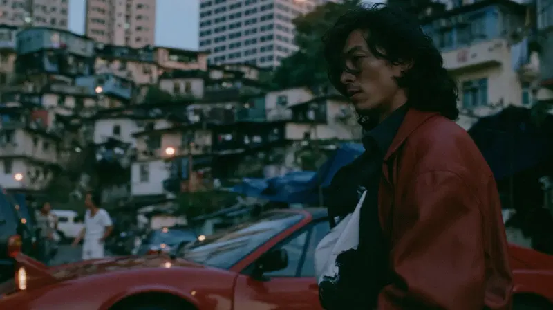 Vintage Red Ferrari with Stylish Figure in Hong Kong's Urban Landscape