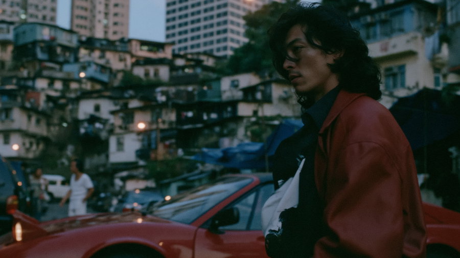 A vintage red Ferrari parked with a man in a red leather jacket standing beside it, set against densely packed buildings in an urban environment.