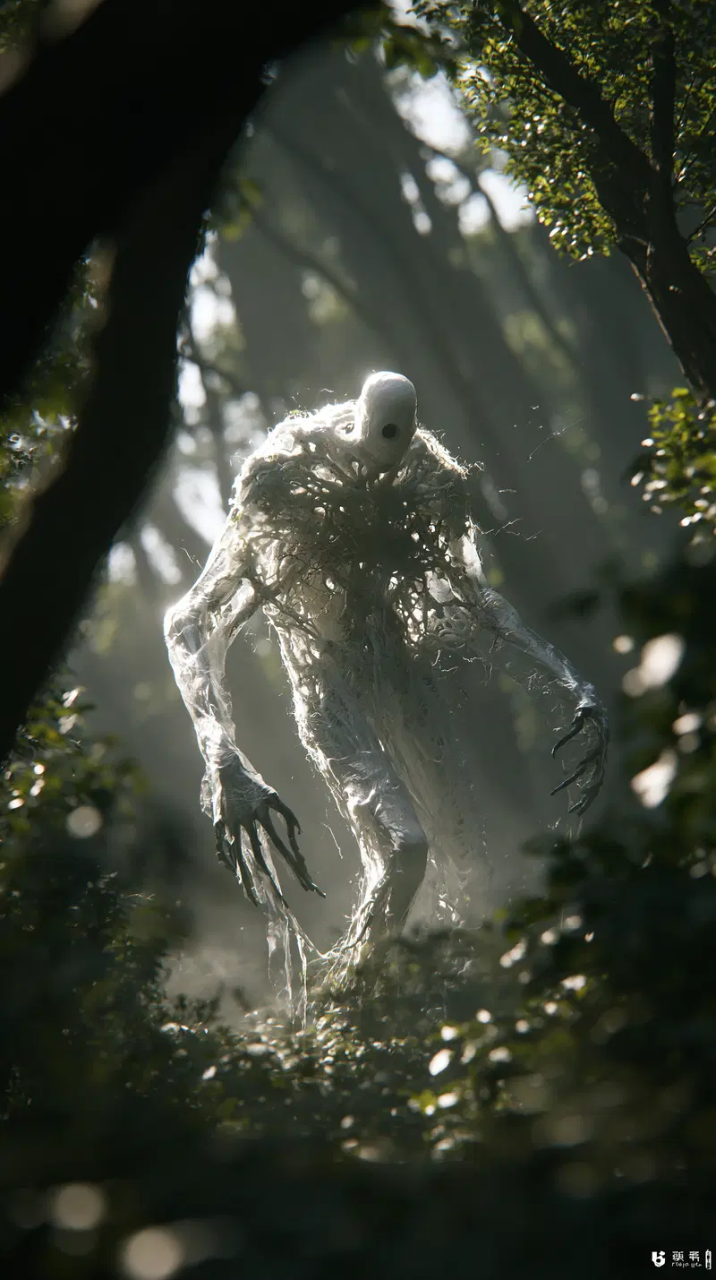 Surreal Forest Creature Emerging from a Misty Woodland