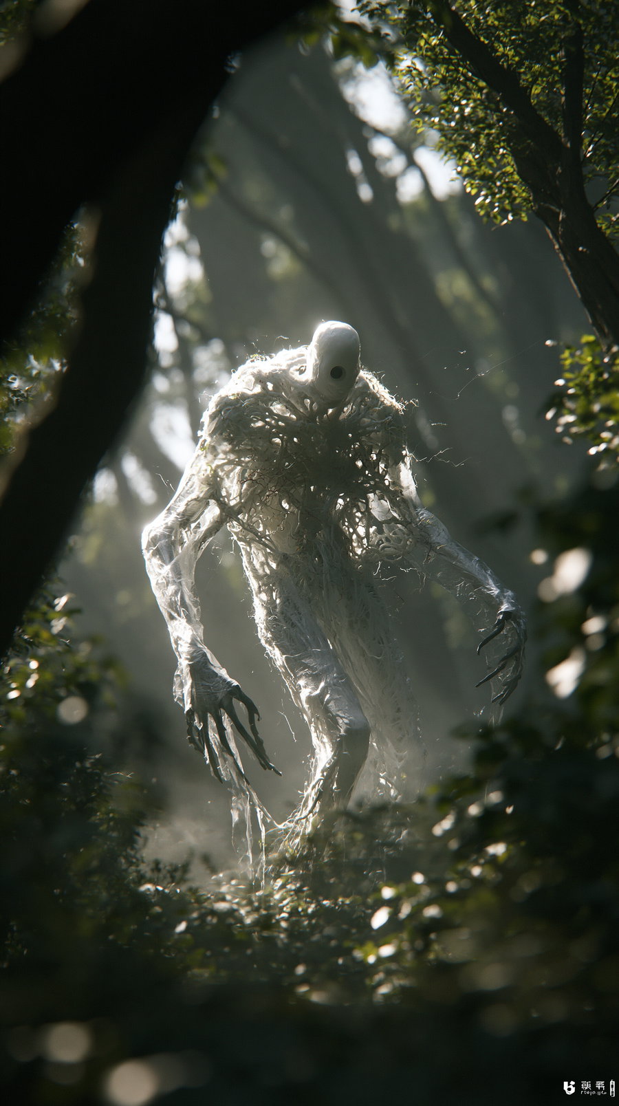 A humanoid creature with rough transparent skin made of fungal structures, depicted in a sunlit forest with mist and soft light filtering through leaves.