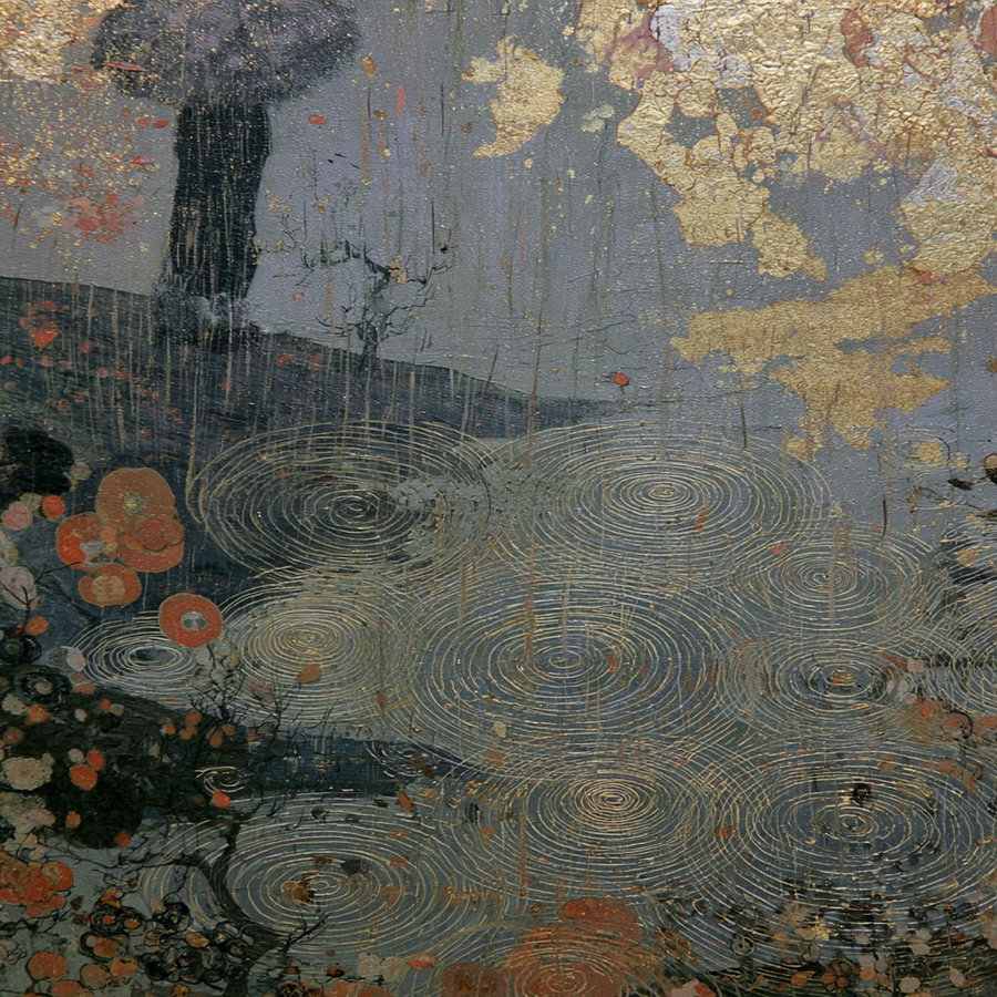 An abstract scene depicting rain droplets creating ripples on a water surface, highlighted with gold and silver accents, featuring a dark silhouette of a tree and colorful flora.