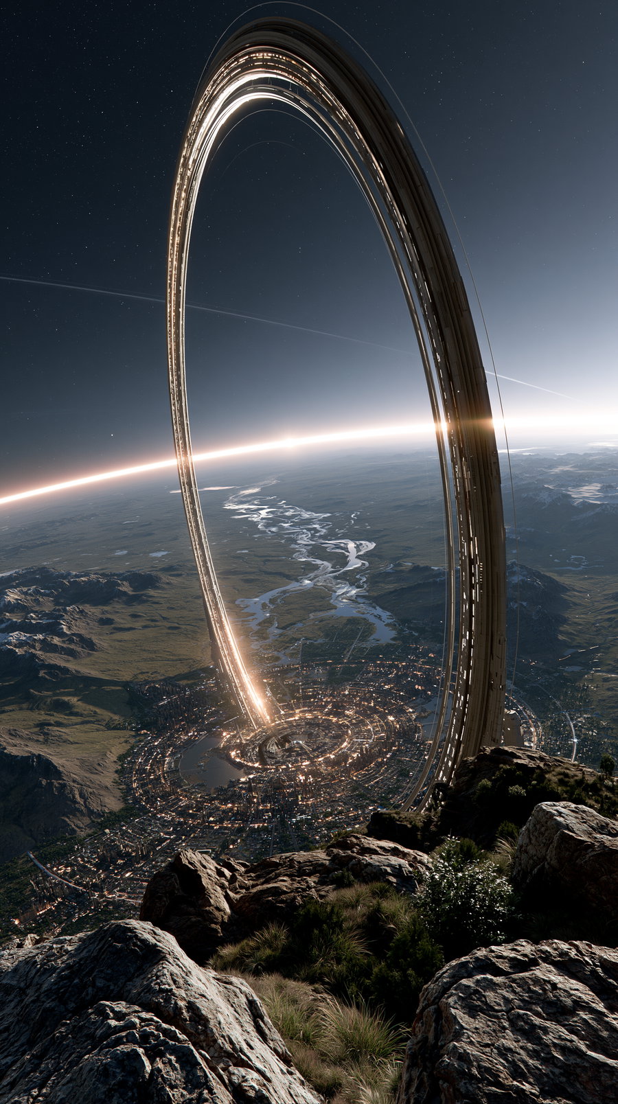 A futuristic cityscape featuring a large, illuminated ring structure hovering above a landscape with mountains and a river below, at twilight.