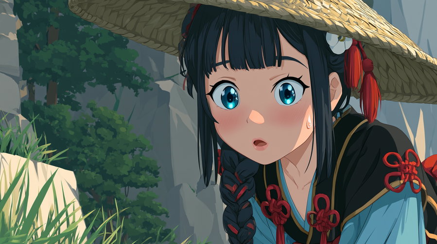 Close up of a young anime woman with straight dark blue-black bangs and large glossy blue eyes, wearing a straw hat decorated with red tassels. She has a concerned expression with flushed cheeks and a sweat drop, dressed in a light blue inner garment and a black outer cape with red patterns. The background features gray rock faces and dense green trees.