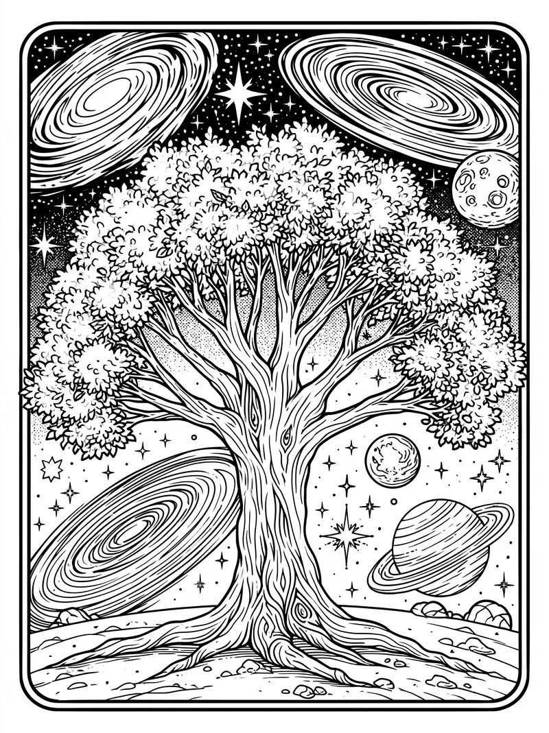 Intricate Tree of Life Surrounded by Cosmic Galaxies