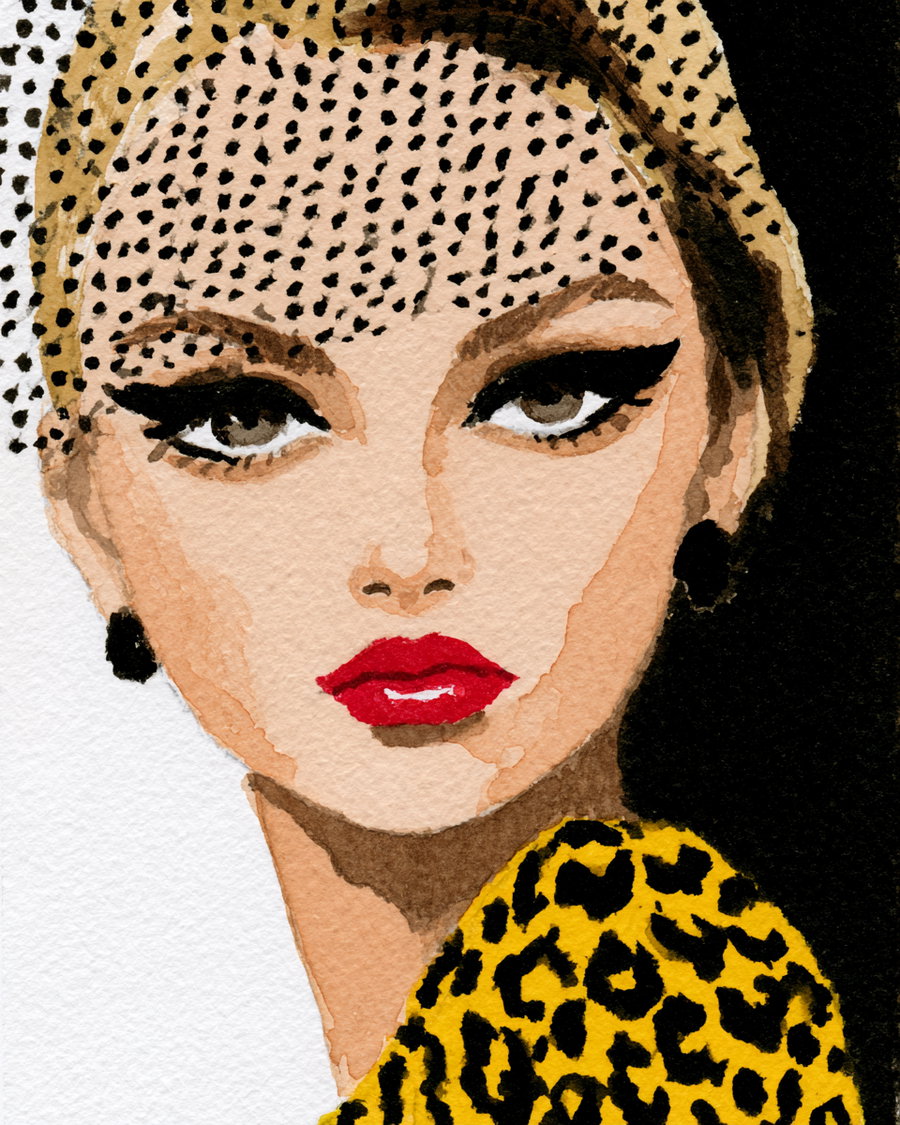Watercolor painting of a woman's upper body with light skin and blonde hair. She has black winged eyeliner and red lipstick, adorned with a sheer black dotted veil and black earrings. Part of her shoulder is visible with a yellow top featuring a black leopard pattern, against a white and solid black background.