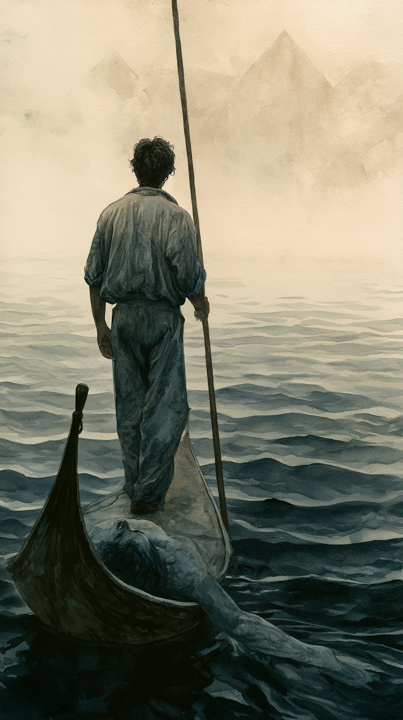 A tall man in a loose-fitting shirt stands in a gondola-like boat, handling a long pole. Behind him, a second man lies in the boat, while faint shapes of Egyptian pyramids are visible in the misty distance.