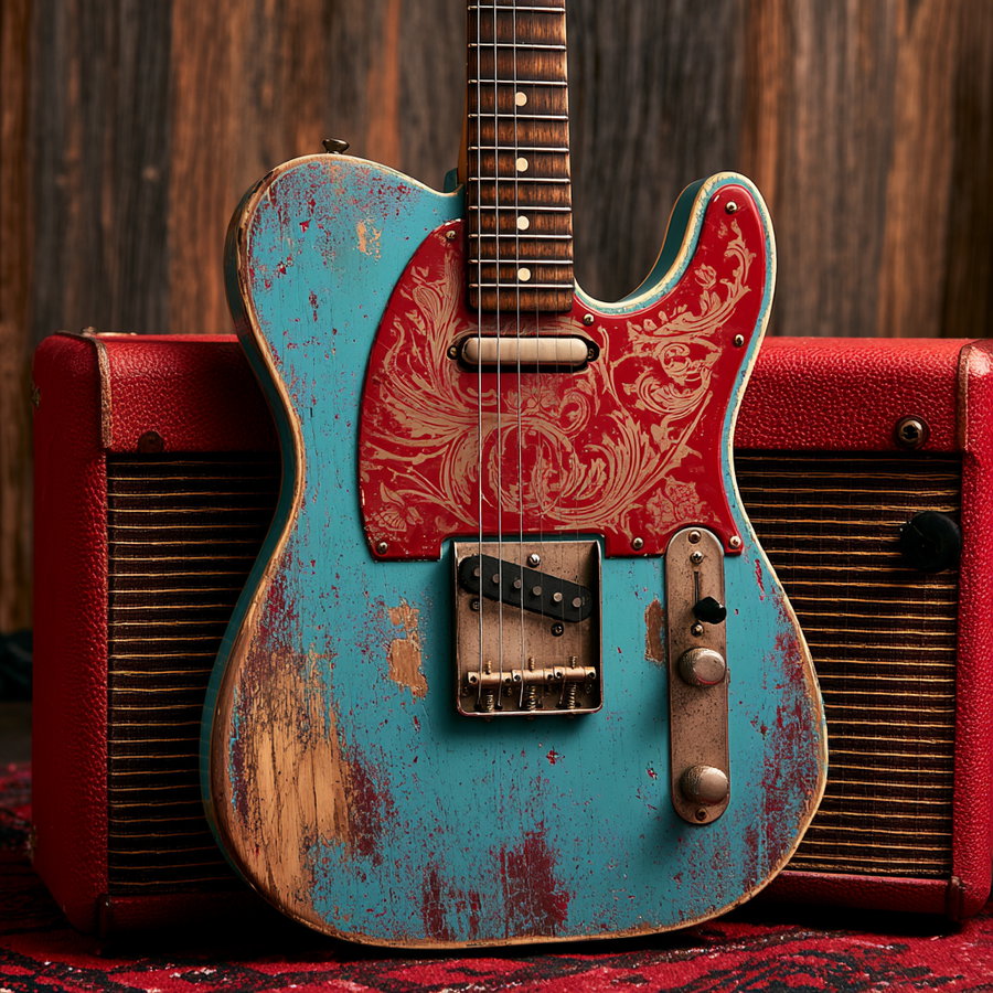 A weathered Western telecaster guitar with a turquoise body and red detailing, leaning against a red amplifier on a textured surface.