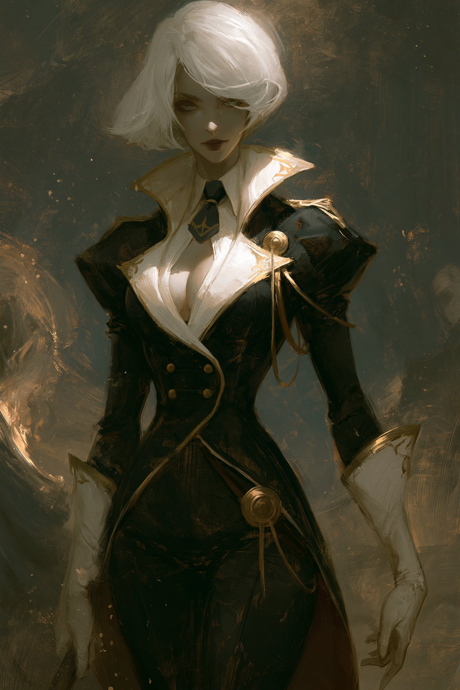 A fantasy character with short white hair wearing a black and white military suit, set against a dark, abstract background.