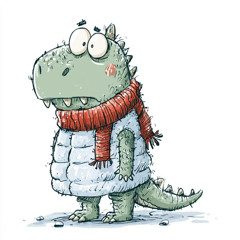 Adorable Doodle Dino in a Cozy Puffer Vest and Scarf