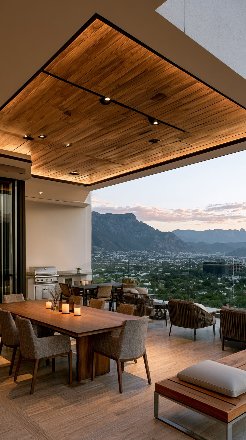 Wide-angle view of an elegant outdoor terrace featuring a wooden ceiling, integrated spotlights, dining area, barbecue station, lounge furniture, and glass railing with mountain landscape in the background.