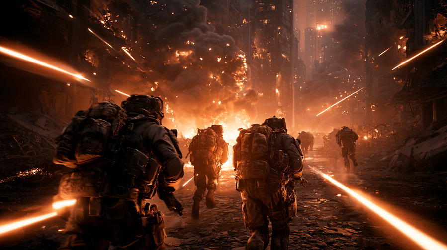 A squad of soldiers advancing through a smoke-filled city street with orange fire glow and tracer bullets crossing the frame.