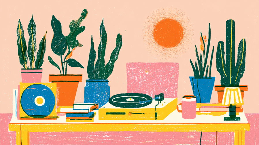 A flat illustration of a table displaying houseplants in colorful pots, a vinyl record player with records, a coffee mug, books, and a lamp, set against a warm pastel background with a glowing sun.
