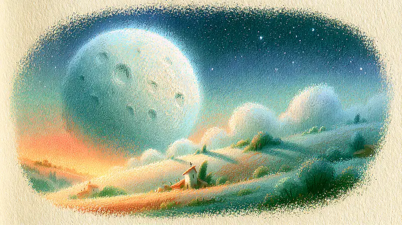 Whimsical Storybook Landscape Under a Giant Moon