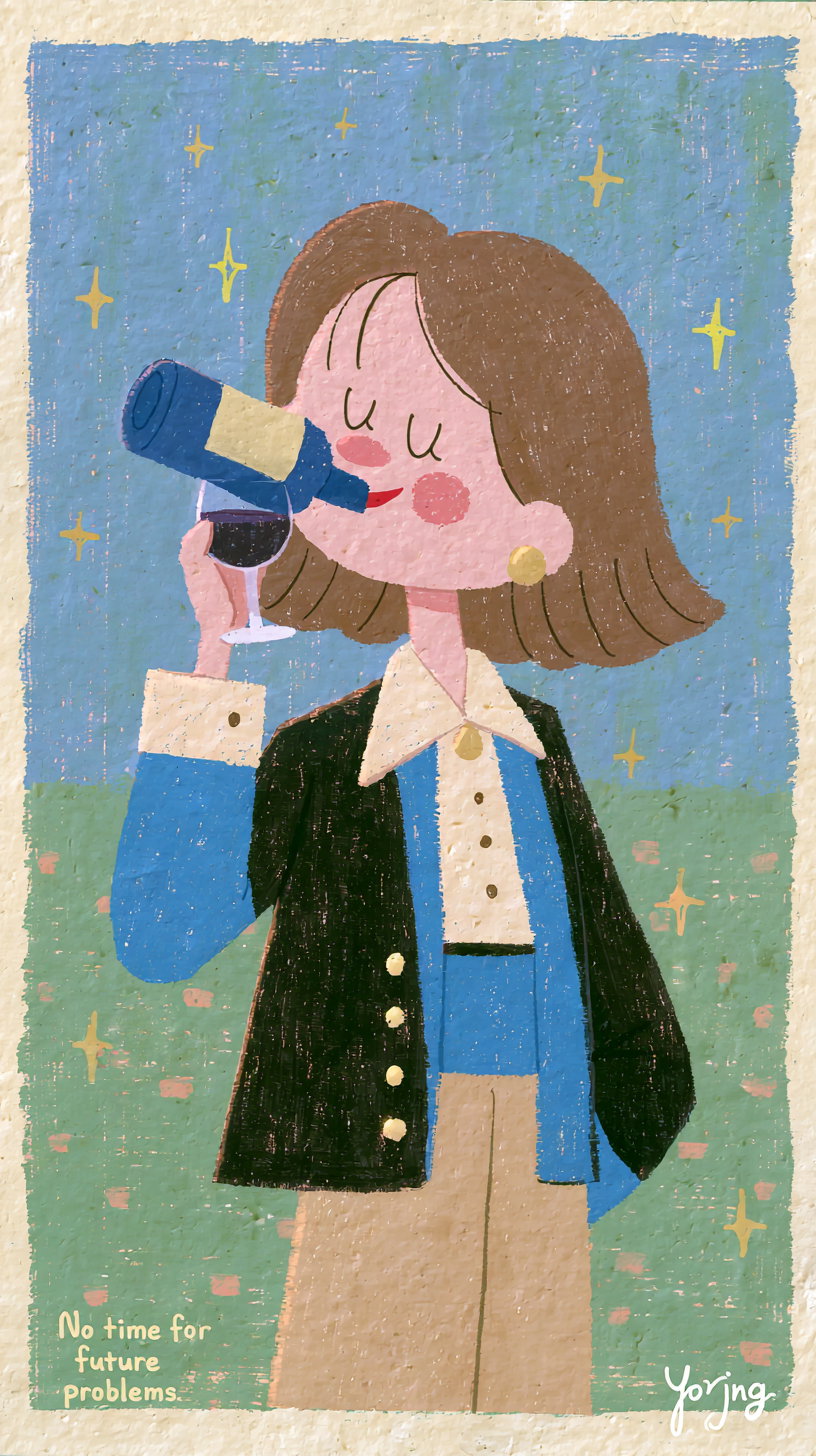 A young woman holding a wine glass, smiling and enjoying her drink against a starry background, with simple, colorful textures.