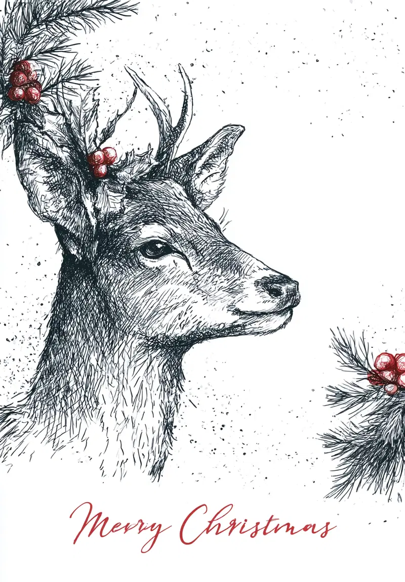 Hand-Drawn Christmas Greeting with Reindeer and Berries