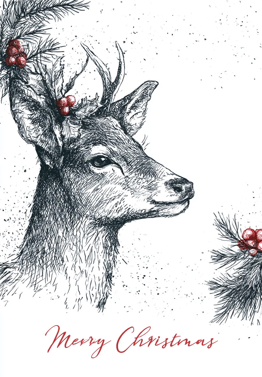 A pencil hatching sketch of a reindeer with holly red berries and fir twigs, featuring fine scattered snowflakes and a Merry Christmas text on a white background.