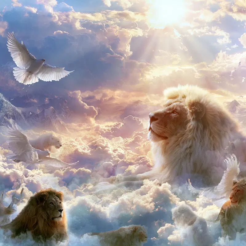 Majestic Lions Surrounded by Ethereal Clouds and Doves