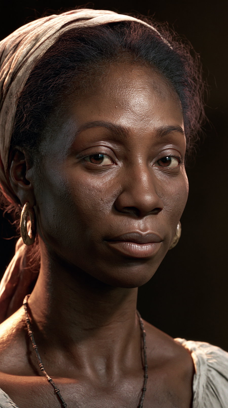 A woman in her thirties with dark skin, wearing a headscarf, and showcasing her strong, practical hands. Her expression is watchful and emotionally controlled, reflecting her can-do attitude as a blacksmith in a historically inspired setting.