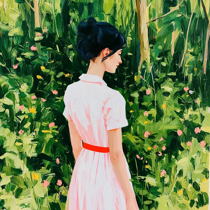 Woman in Nature Surrounded by Lush Greenery and Flowers