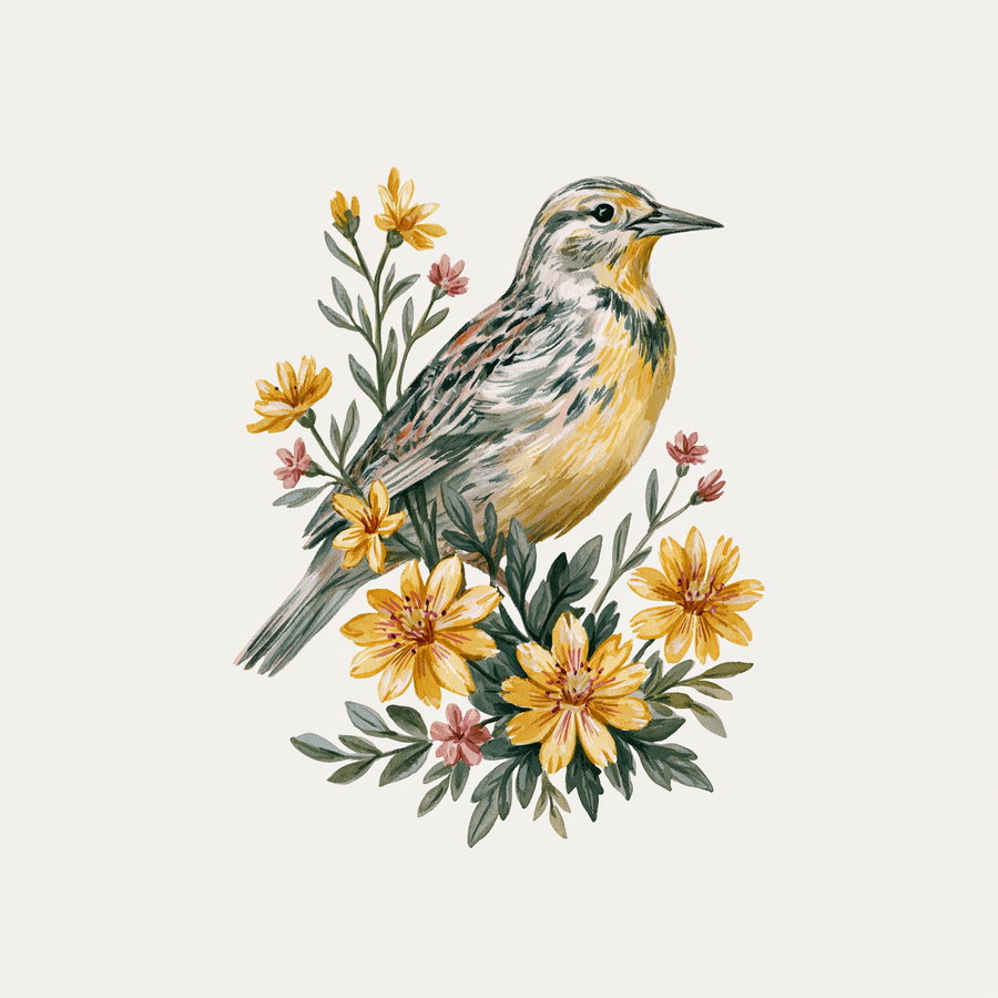 A western meadowlark bird perched among prairie fire flowers with delicate green stems, in a vintage hand-painted gouache style on a transparent background.