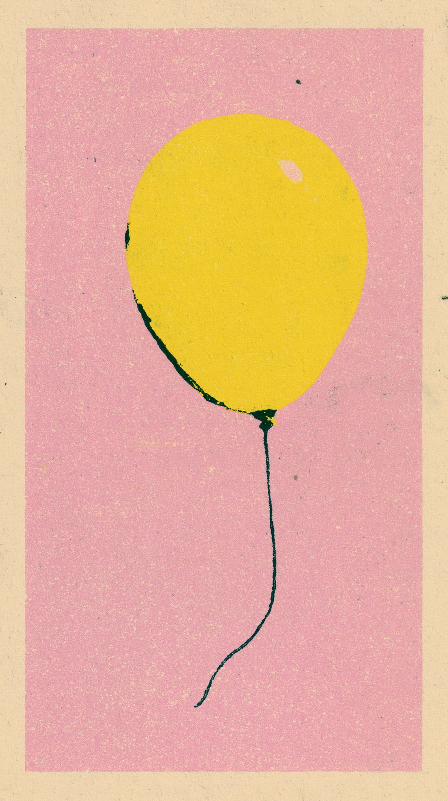 A single yellow party balloon drifting towards the top corner against a textured pink background with fine speckle.